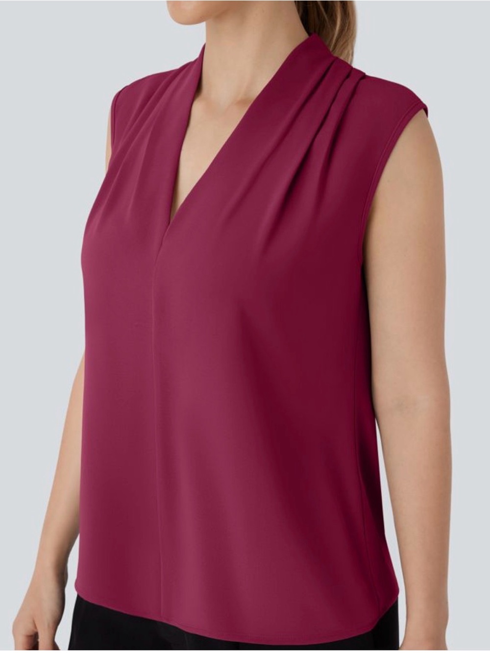 V-Neck Pleat Detail Halara Sleeveless Work Shirt L Burgundy
